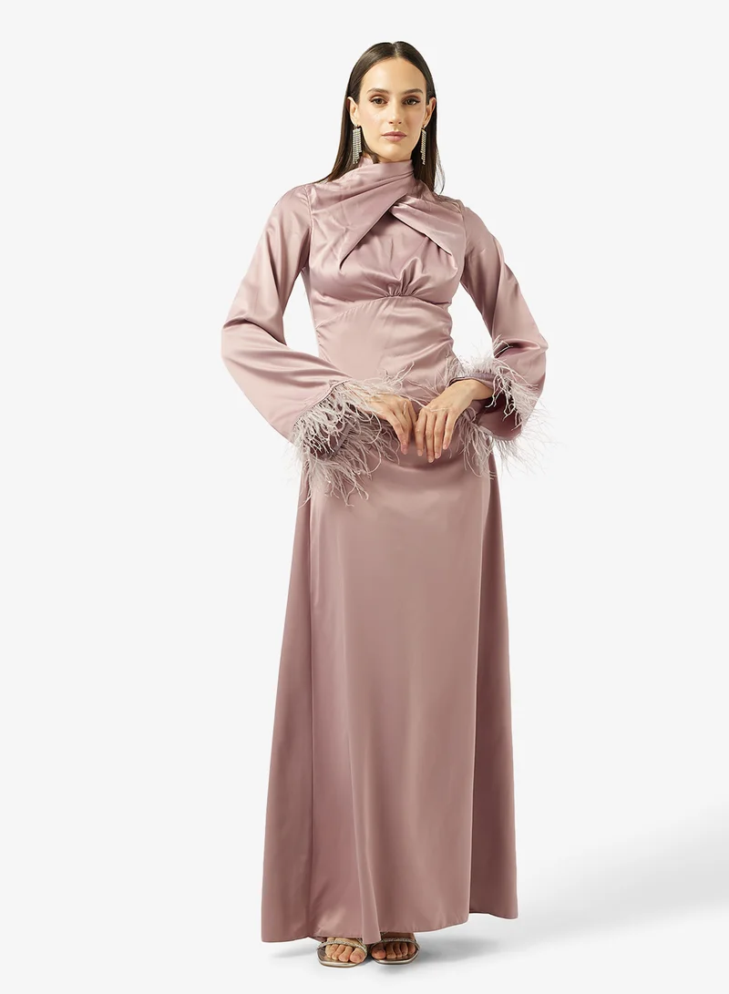 High Neck Evening Gown With Feather Trim